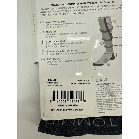 Tommie Copper Women's Compression Recovery Crew Socks 4-6.5 Grey - Picture 5 of 5